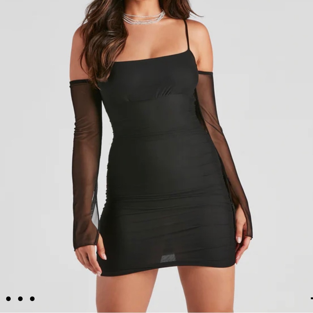 Windsor Black Off-Shoulder Mesh Sleeve Mini Dress